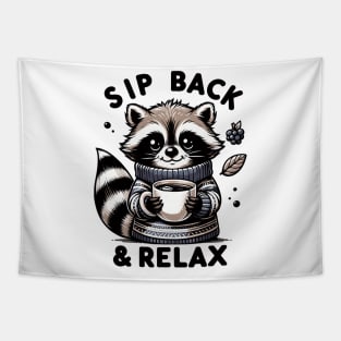 Cozy Critter Comfort: "Sip Back & Relax" Raccoon Design Tapestry