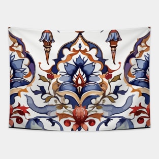 Red Blue Ottoman Pattern on White Tapestry