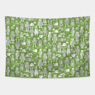 Robots in Space - retro green pattern Tapestry