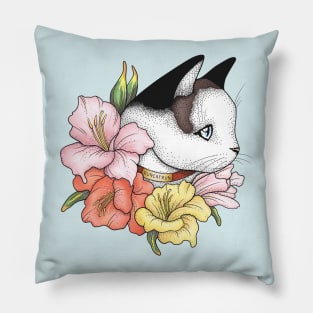 Cat Portrait in Gladiolus Flowers (Pink Edition) Pillow