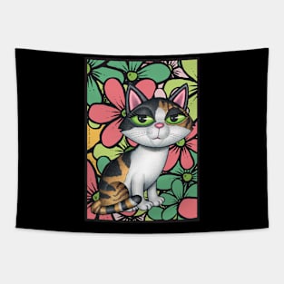 Cute Calico Kitty Cat with multi colored flowers Tapestry