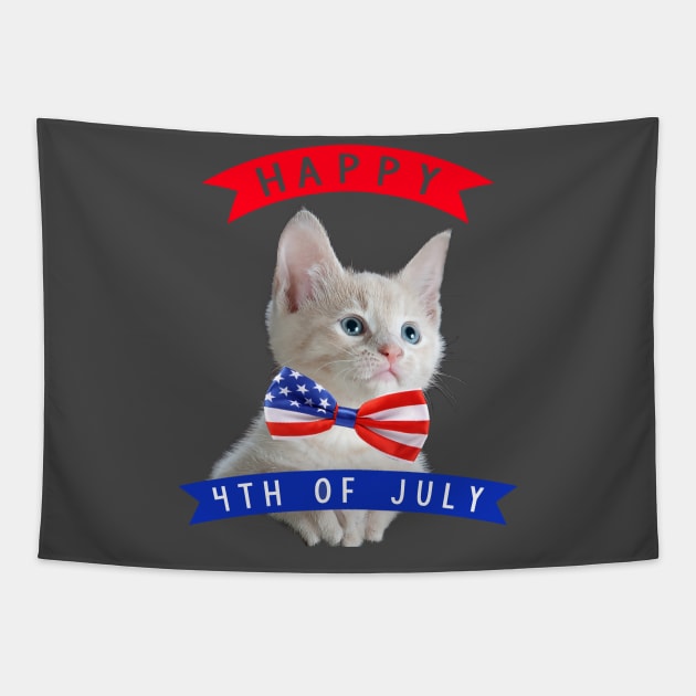 Happy 4th Of July Cute Cat Independece Day Cat With A Bow Tie Tapestry by Fersan