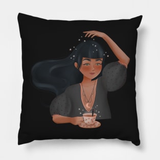 Girl character with coffee or tea and some magic Pillow