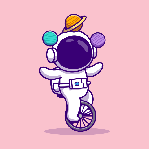 Cute Astronaut With Unicycle Bike And Planets Cartoon by Catalyst Labs