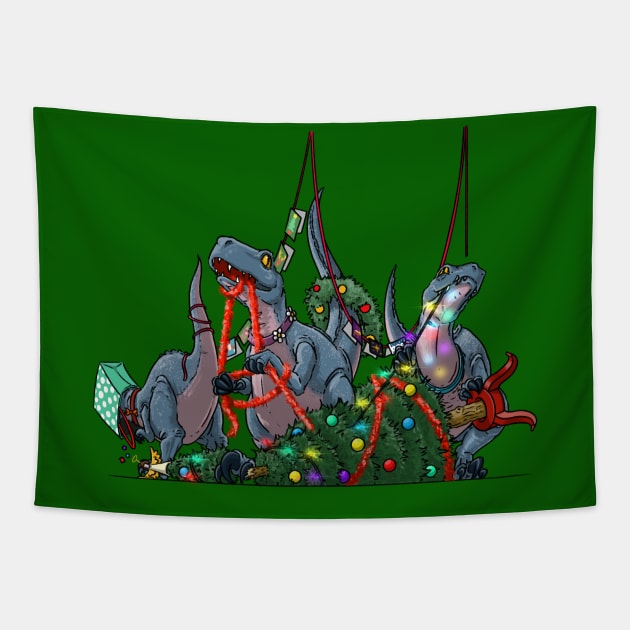 Velociraptor Dinosaur Christmas Decoration Demolition Tapestry by Big Appetite Illustration