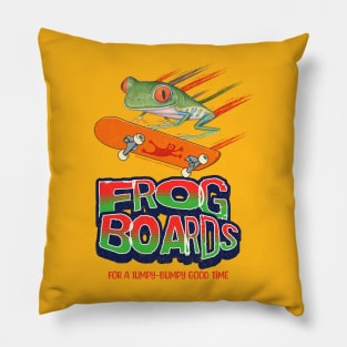 Cute and Funny red eyed tree frog is having a good time on a skateboard with frog boards having a jumpy and bumpy good time Pillow