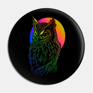 Rainbow colored owl with colorful full moon. Pin