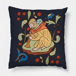 Cute Medieval Monkey Playing the Trumpet Colorful Drawing Pillow