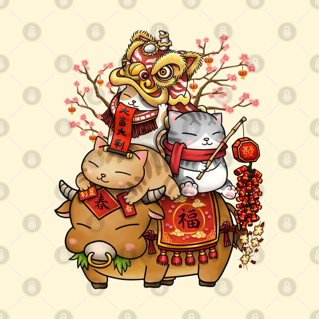 Chinese New Year Cats on Ox by Takeda_Art