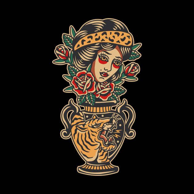 Women Flower Vase Traditional Tattoo by Abrom Rose