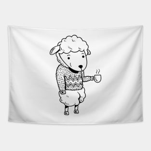 Sheep - Cute sheep drinking coffee Tapestry