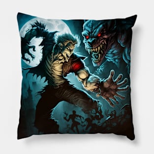 Cartoon image of a vampire vs. a werewolf at full moon. Pillow