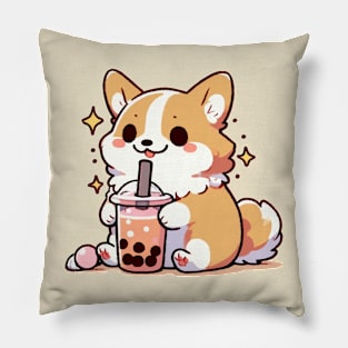 Cute corgi and delicious boba Pillow