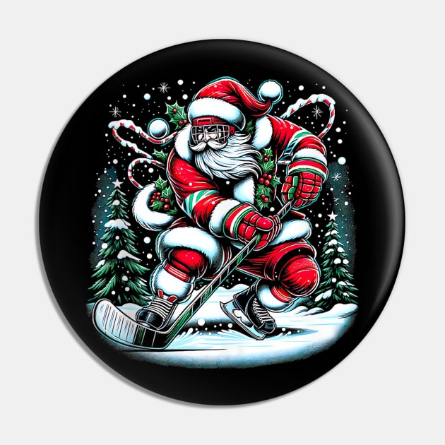 Santa Claus Playing Ice Hockey - Funny Christmas Holidays Pin by Origami Fashion