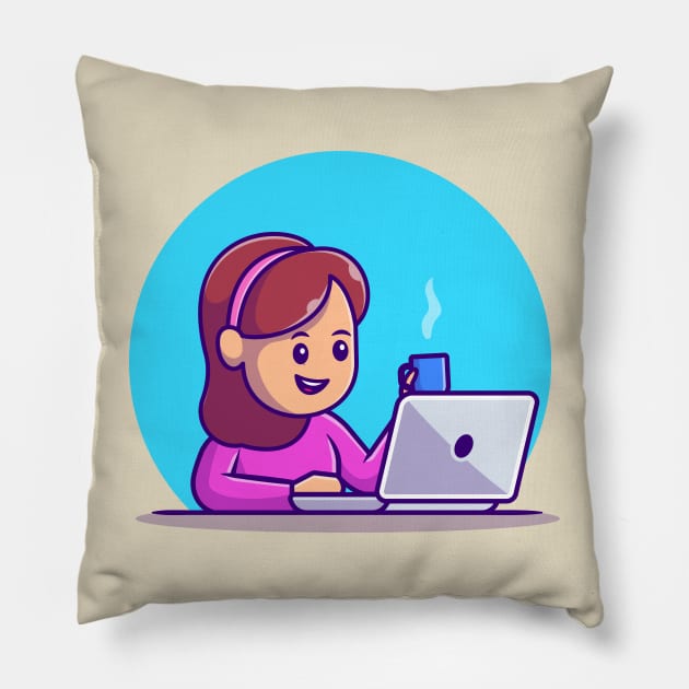 Cute Girl Working On Laptop With Cup Coffee Pillow by Catalyst Labs