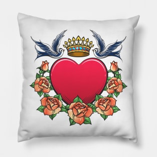 Heart with Crown swallows and rose Wreath Tattoo Pillow