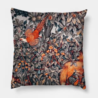 GREENERY, FOREST ANIMALS Pheasant and Fox Red Black White Floral Pillow