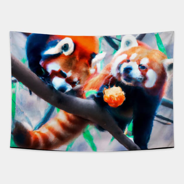 Pareja de Pandas Rojos Comiendo Fruta. Tapestry by Cotton Candy Art