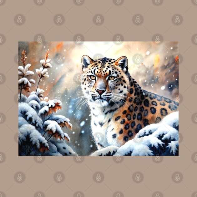 A Proud Snow Leopard Went Hunting, in the Snowy forest, Hight Mountains, Snow Falling, Winter Landscape, Wildlife White Panthera, Watercolor by sofiartmedia