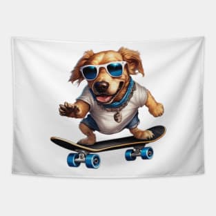 a dog riding a skateboard wearing sunglasses Tapestry