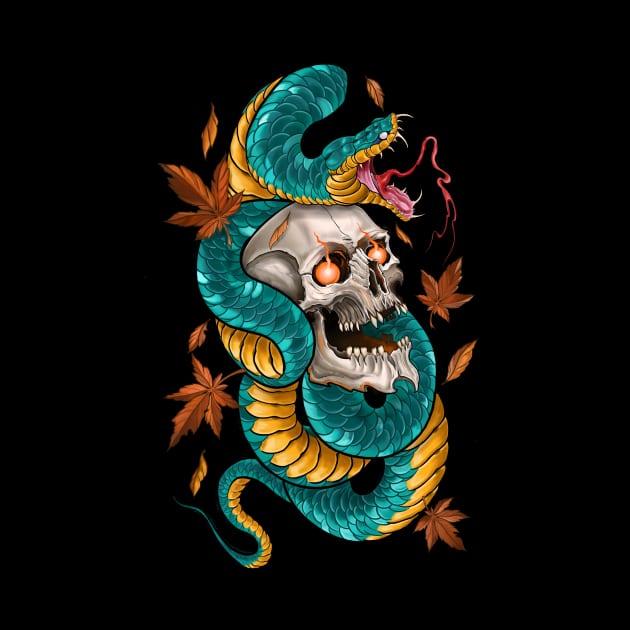 Japanese Tattoo Style Skull and Snake by Eugenex