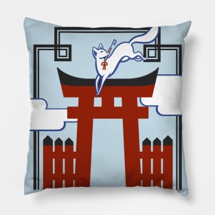 Kitsune Messenger - Japanese spirit fox jumping over a tori in Kyoto, Japan Pillow