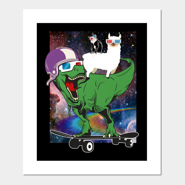 Cat On Llama On T Rex Dinosaur Skateboard 3d Glasses Gift