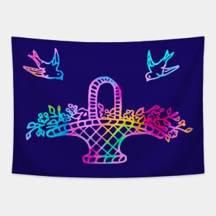 Rainbow Birds and a Basket of Flowers Tapestry