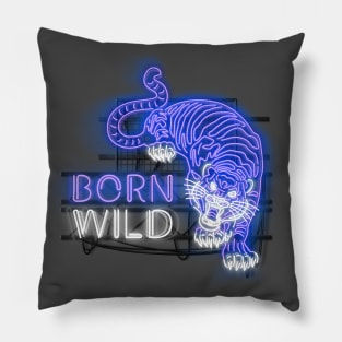 Born Wild - Glowing Neon Sign with Tiger and Text - BLUE Pillow