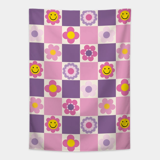 Retro Checkered Floral Pattern Pink and Purple Tapestry by Just a Cute World