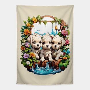 Three White Puppies playing in the mystic garden Tapestry