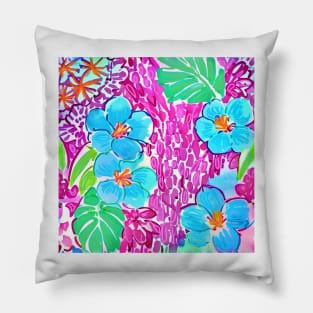 Pink and turquoise flowers and leaves preppy seamless pattern Pillow