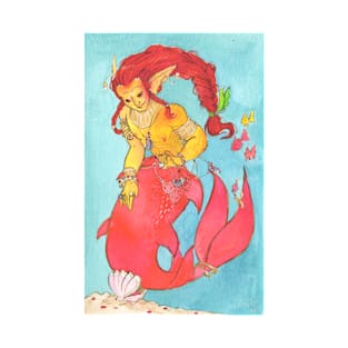 MerMay Red Braided Merman with Pearl Watercolor T-Shirt