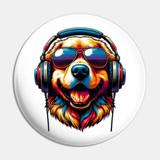 Golden Retriever Smiling DJ with Vibrant Sound Waves Pin