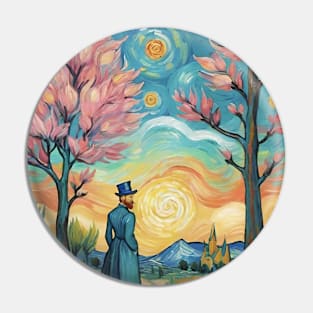 Starry Night Reverie: Van Gogh-Inspired Landscape with Solitary Figure Pin