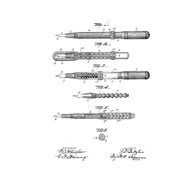 Fountain Pen Vintage Patent Hand Drawing by TheYoungDesigns