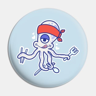 Octopus cartoon character withholding cutlery Pin