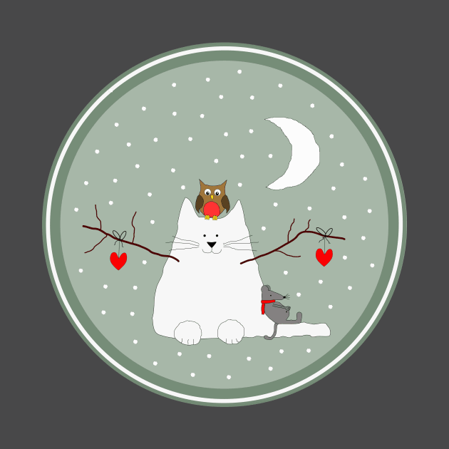 Snow cat with Mister Mouse and Lady Owl by greenPAWS graphics