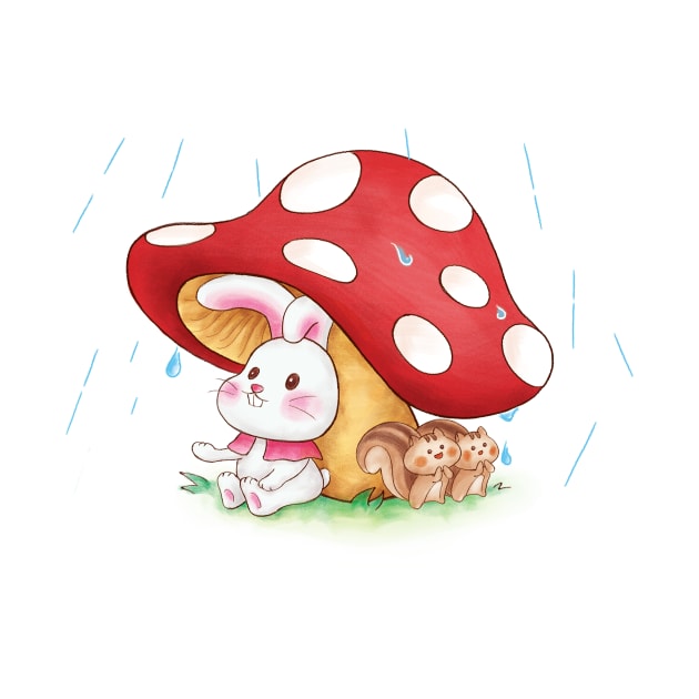 Cute Rabbit and Squirrels on a Rainy day by Anicue