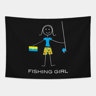 Funny Fishing Girl Illustrated Stick Girl Fisherwoman Tapestry