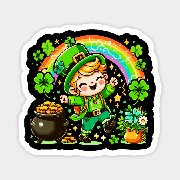 A cute Irish Lad dancing an Irish jig celebrates St Patrick's Day with a rainbow pot of gold and shamrocks Irish Pride Irish American four leaf clovers Irish dance Magnet by Tees 4 Thee