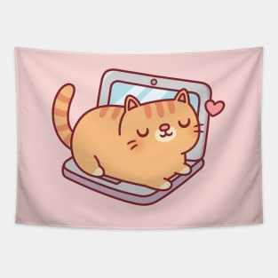 Cute Chubby Tabby Cat Resting On Laptop Tapestry