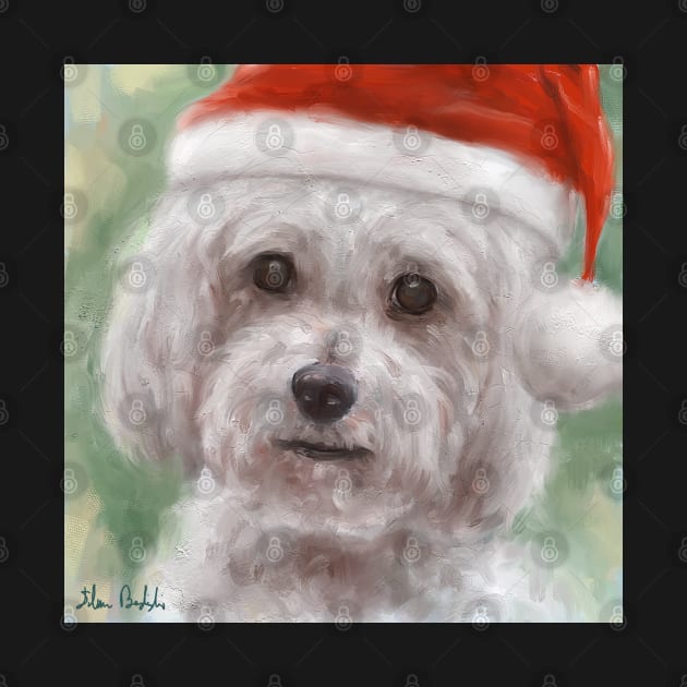 Painting of a Cute Poodle Maltese Mix with Red Santa Hat by ibadishi