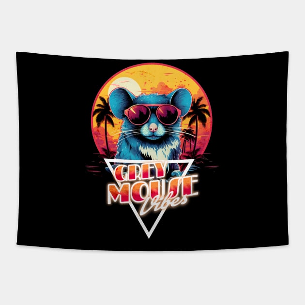 Retro Wave Grey Mouse Vibes Tapestry by Miami Neon Designs