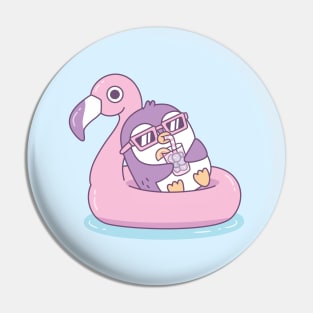 Cute Purple Penguin Chillin On Pink Flamingo Pool Float Pin