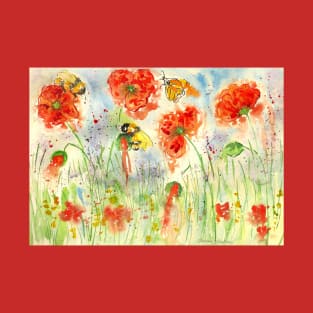 Bumblebees and a Butterfly among Crimson Poppies T-Shirt