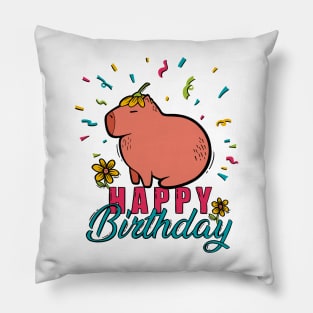 Capybara Birthday Bash - A Rainbow Celebration Pillow