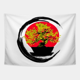 Golden bonsai on a rising sun - Sumi inspired enso circle brushstroke tree Tapestry