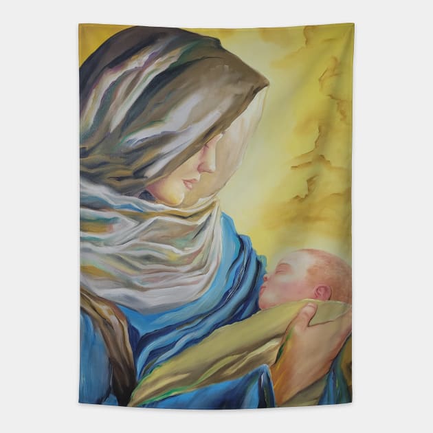 Our Lady of Silence holding baby Jesus Tapestry by fadavieira