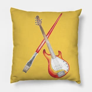 Bass Guitar and Paintbrush Music and Art Watercolor Red and Orange Pillow